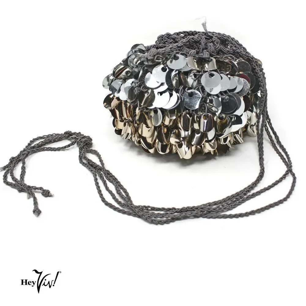 Vintage Evening Purse Gold and Silver Paillettes Crochet Drawstring Bag -Hey Viv